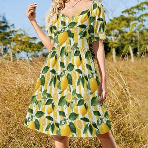 Sicilian dress Lemon Stripe Dress Puff Sleeve Citrus Dress Yellow White Short Sleeve V Neck Dress Italian Lemon Dress Cottagecore Fruit