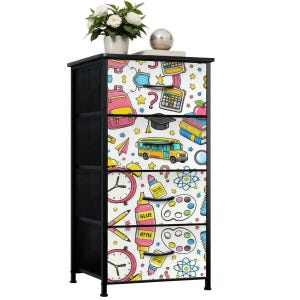 May include: A tall, four-drawer storage chest with a black metal frame. The drawer fronts feature a white background with a colorful school-themed pattern including a yellow bus, books, a calculator, glue bottles, clocks, and art palettes.