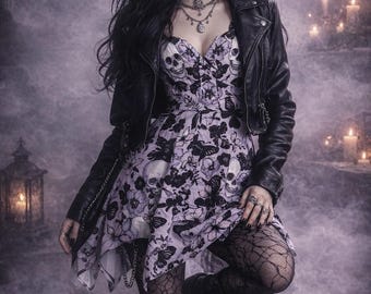 Pastel Goth Skull Dress, Lavender Floral Handkerchief Hem