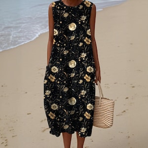 Witchy Celestial Maxi Dress with Pockets Moon Floral Wildflower Dress Dark Cottagecore Dress Boho Witchy Beach Maxy dress Whimsigoth
