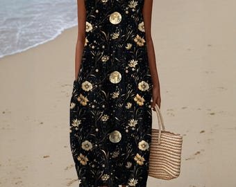 Celestial Floral Maxi Dress: Witchy Cottagecore Boho Style