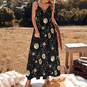 Witchcore Maxi Dress Full Moon Botanical Dress Witchy Boho Whimsigoth Wildflowers Dress Floral Outfit Clothing Hippie Dark Cottagecore Drses