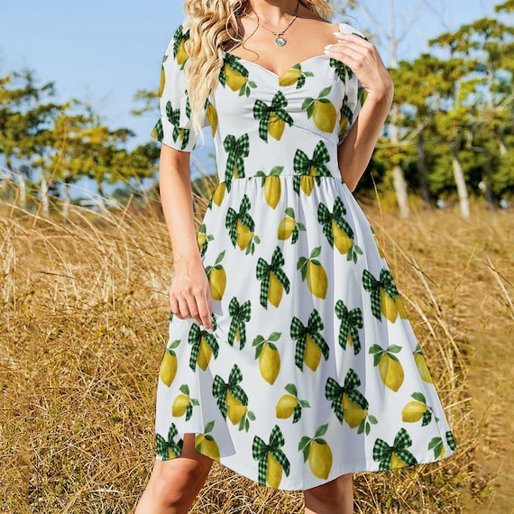 Sicilian Dress Lemon Bow Print Dress White Summer Puff Sleeve Dress with Gingham Ribbons Short Sleeve V Neck Dress Sicilian Dress Lemon Bow Print Dress White Summer Puff Sleeve Dress with Gingham Ribbons Short Sleeve V Neck Dress