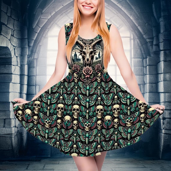 Skull & Moth Gothic Skater Dress: Sleeveless Witchy Outfit