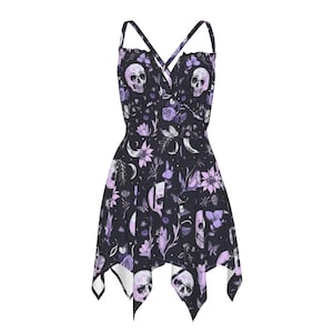 Lavender Skull Handkerchief Dress, Witchy Floral Goth Outfit