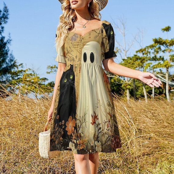 Spooky Ghost Moody Dress Black Cat Dress Halloween Cottagecore