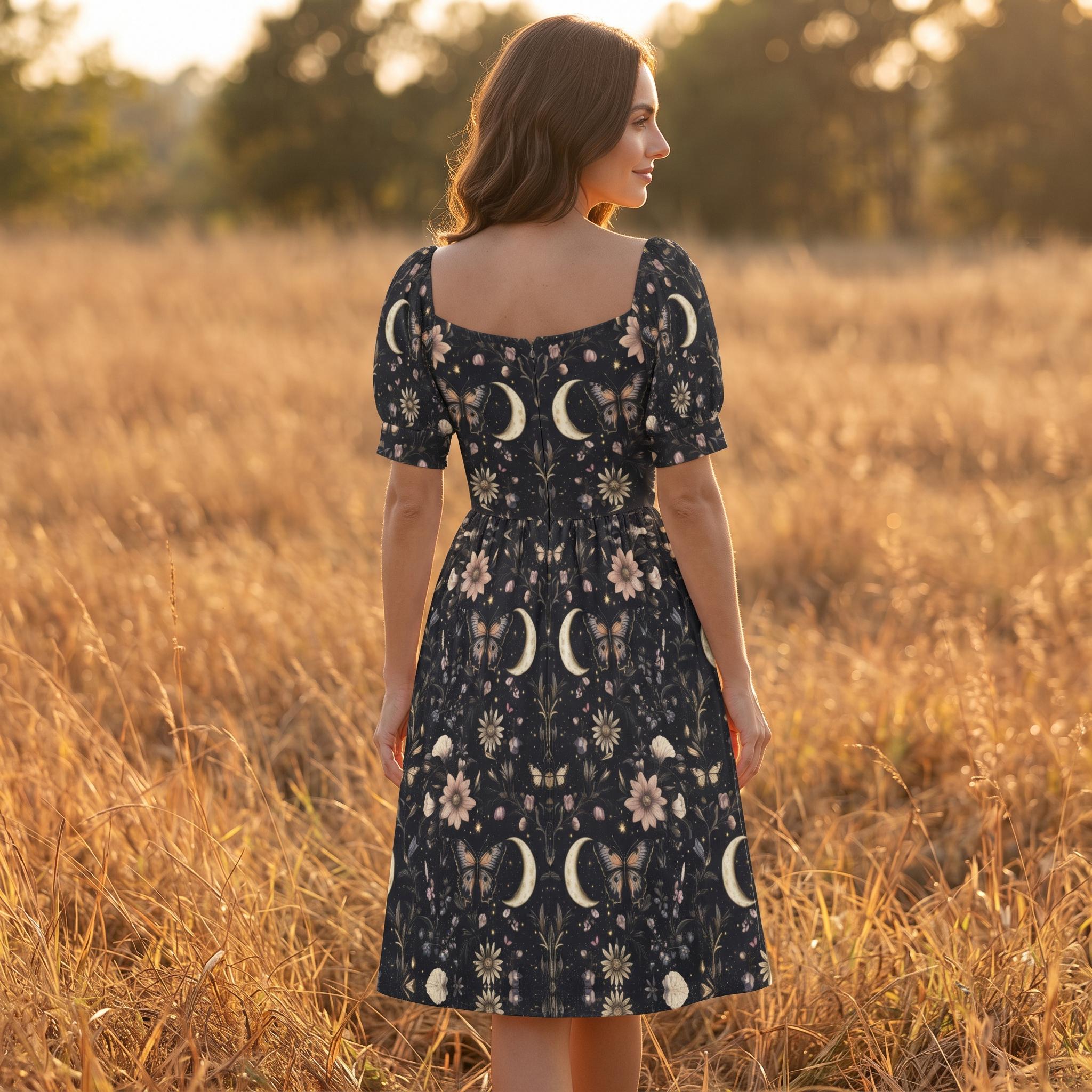 Witchy Moon Phase Midi Dress, Dark Cottagecore Floral Goth Dress