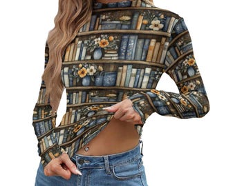 Camiseta de manga larga con estampado de biblioteca estilo Dark Academia, estilo estantería vintage, ideal para lectores.