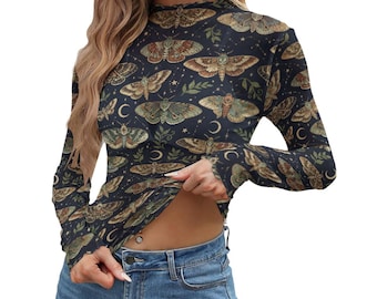 Top de malla con estampado de polillas, camiseta de manga larga con estampado de insectos celestiales, blusa oscura de bruja, ropa vintage de estética nocturna, camiseta elástica de malla gótica