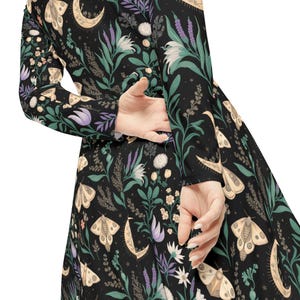 Witchy Moth Kleid Boho Floral Maxi Kleid Langarm Mondphase Kleid Botanisches Cottagecore Kleid Magic Garden Gothic Dark Academia