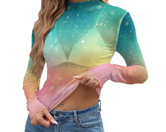 Top de malla arcoíris, blusa de manga larga con degradado arcoíris, blusa de estética cósmica de ensueño, ropa Fairycore Star Dust, blusa de malla pastel Galaxy