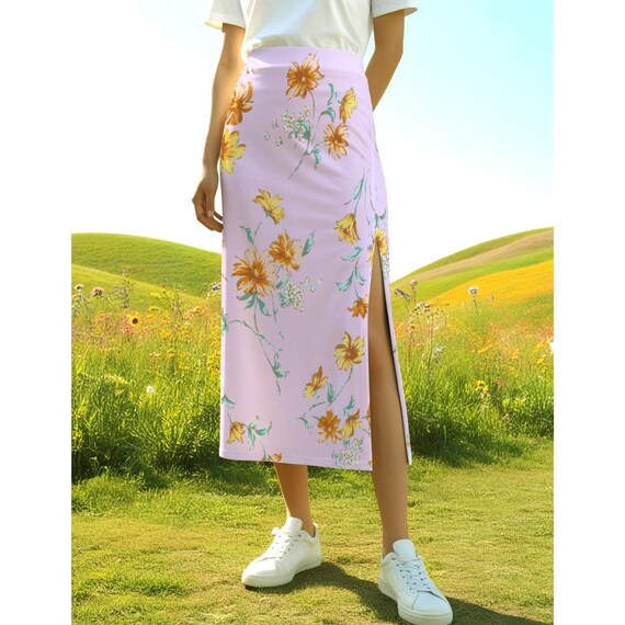 Lilac Floral Slit Skirt Front Long Romantic Summer Garden Party