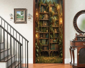 Peut inclure: Une affiche de porte représentant une grande bibliothèque en bois remplie de livres, envahie par des vignes et du feuillage verts, éclairée par des lanternes chaudes. La scène dépeint un cadre forestier avec un sol herbeux et un éclairage doux.