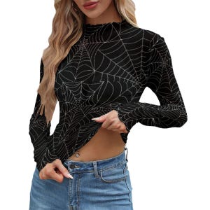 Gothic Spiderweb Mesh Top, Black Transparent Long Sleeve Top, Halloween Party Shirt, Spooky Witchy Fall Outfit, Creepy Cute Web Print Tee