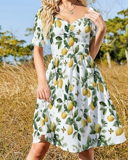 Sicilian Dress Lemon Botanical Print Dress White Puff Sleeve