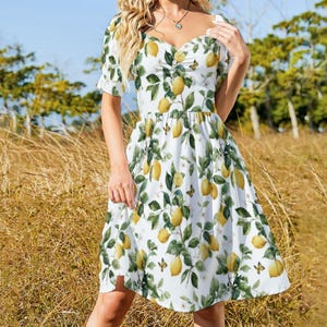 Sicilian dress Lemon Botanical Print Dress White Puff Sleeve Garden Dress Short Sleeve V Neck Dress Сitrus Summer Dress Italian Lemon Dress