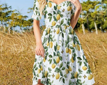 Vestido siciliano Vestido estampado botánico de limón Vestido blanco de manga abullonada Vestido de jardín Vestido de manga corta con escote en V Vestido cítrico de verano Vestido italiano de limón