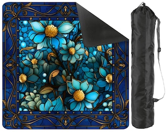 Blue Floral Mahjong Mat with Carry Bag - Art Nouveau Non Slip Mah Jong TilePlay Mat Accessories