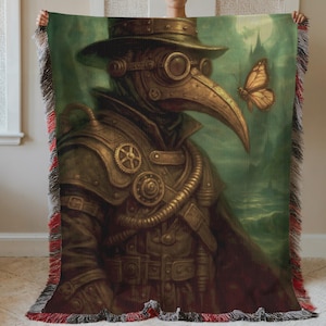 Manta tejida Steampunk de Doctor de la Peste: Tapiz gótico con mariposas