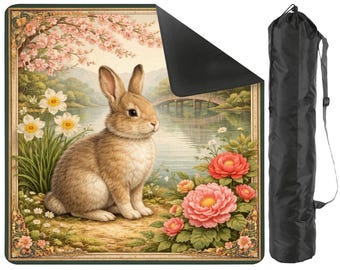 Bunny Mahjong Mat with Carry Bag - Spring Floral Cottagecore Non Slip Mah Jong TilePlay Mat Accessories