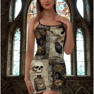 Witchy Skull Raven Bodycon Dress: Gothic Dark Academia Mini