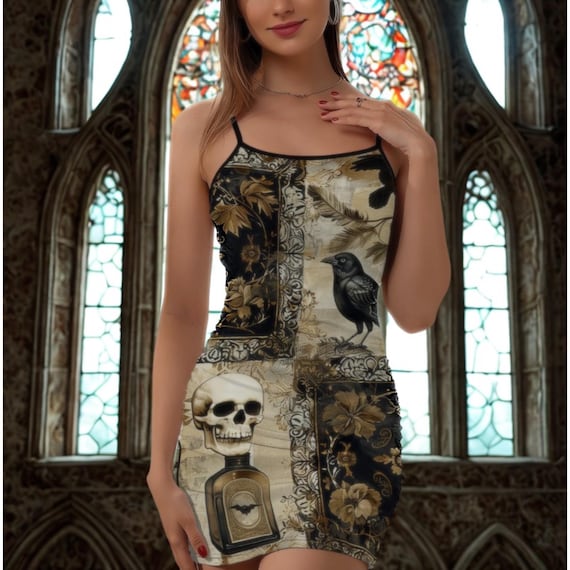 Witchy Skull Raven Bodycon Dress: Gothic Dark Academia Mini - Etsy