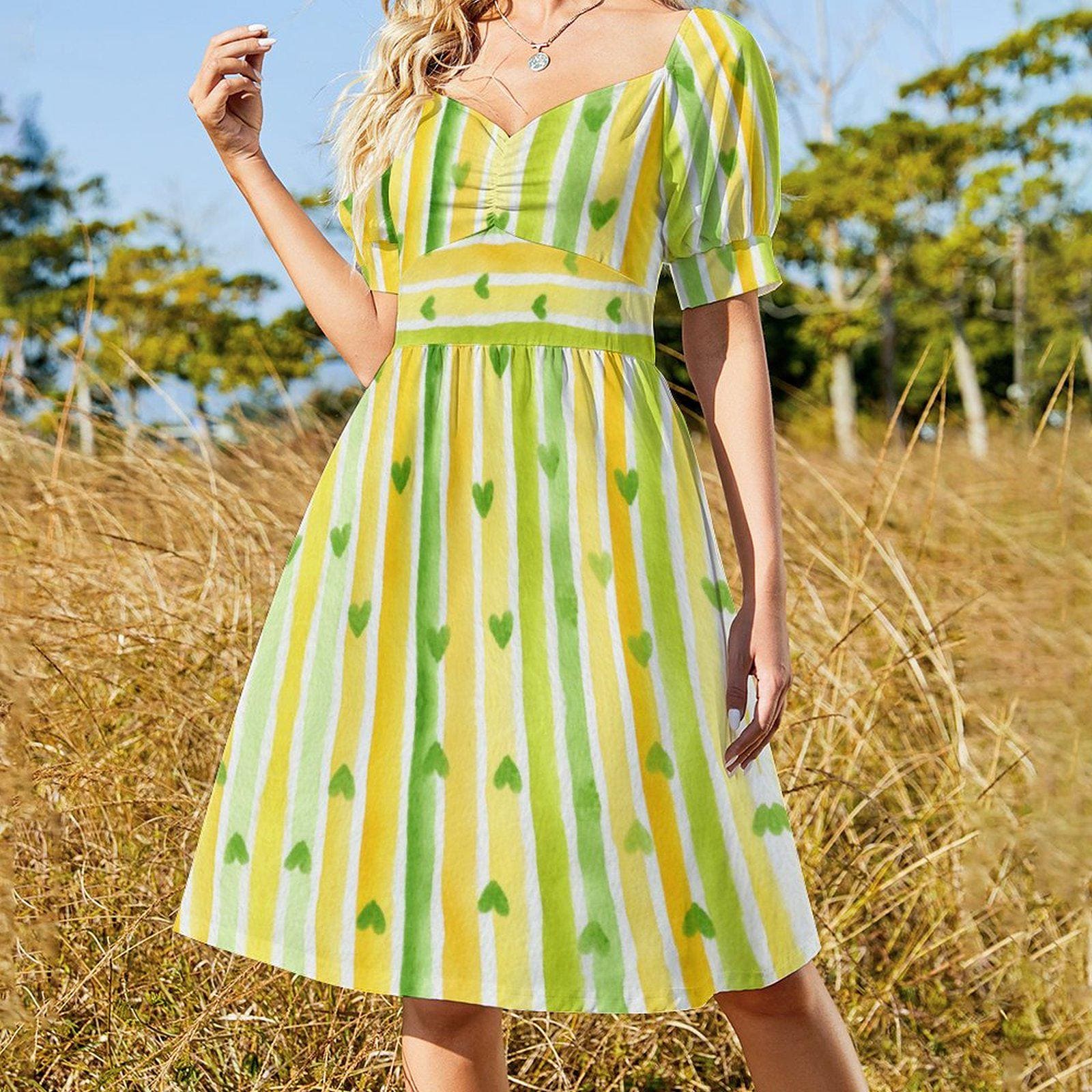 Green Heart Stripe Dress Yellow & White Puff Sleeve Summer Sundress 50s Inspired Cute Retro Dress Cottagecore Kawaii Picnic Lemon Outfit Green Heart Stripe Dress Yellow & White Puff Sleeve Summer Sundress 50s Inspired Cute Retro Dress Cottagecore Kawaii Picnic Lemon Outfit