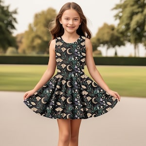 Girls Celestial Skater Dress: Moth Moon Twirl, Witchy Cottagecore