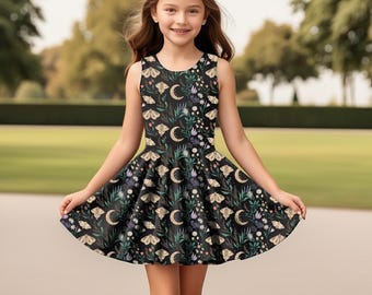 Girls Celestial Skater Dress: Moth Moon Twirl, Witchy Cottagecore