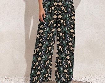 Witchy Luna Moth Palazzo-byxor, Boho blommiga vida byxor