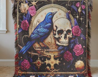 Gothic Raven Skull Woven Throw Blanket: Dark Academia Home Decor