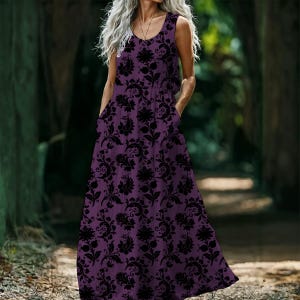 Gothic Damask Maxi Dress with Pockets, Dark Cottagecore Witchy Sleeveless Dress