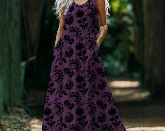Gothic Damask Maxi Dress with Pockets, Dark Cottagecore Witchy Sleeveless Dress