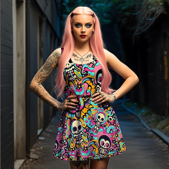 slim fit dress slacks Ecstatic Mood Rave Skater Dress in Rainbow Colors main image 0