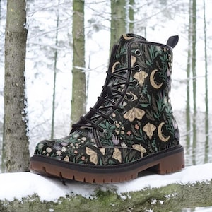 Cottagecore Combat Boots Dark Botanical Vegan Green Garden Flowers faux leather boots Ren Faire Festival boots Garden Green Witch gifts