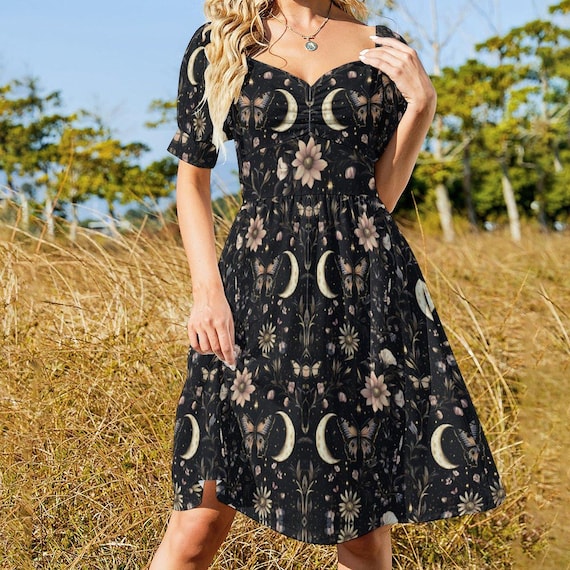 witchy cocktail dresses Witchy Moon Phase Midi Dress, Dark Cottagecore Floral Goth Dress