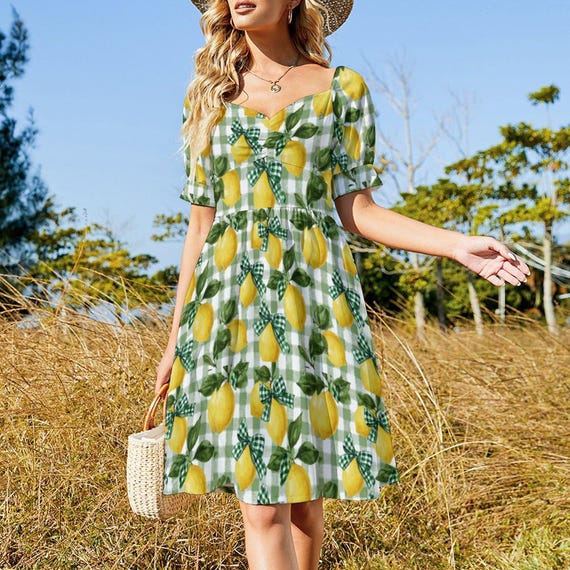Lemon Gingham Dress: Sicilian Cottagecore Sundress with Green Bows