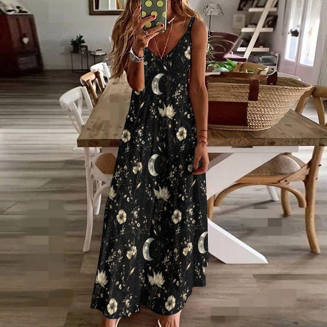 Witchy Floral Maxi Dress: Celestial Moon Boho Witchcore Gown - Etsy