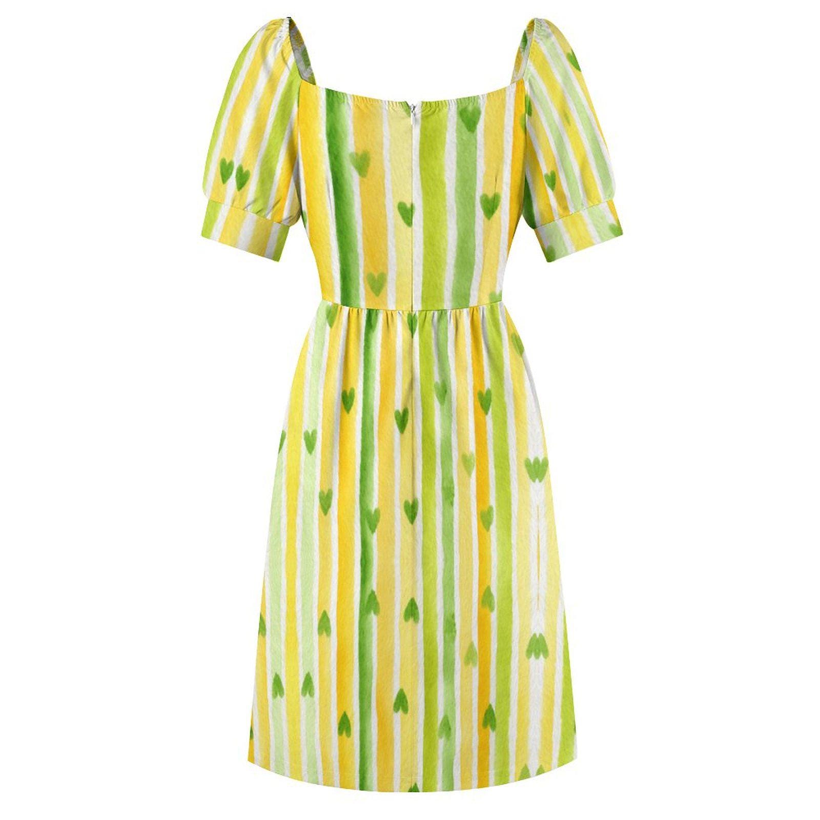 Green Heart Stripe Dress Yellow & White Puff Sleeve Summer Sundress 50s Inspired Cute Retro Dress Cottagecore Kawaii Picnic Lemon Outfit
