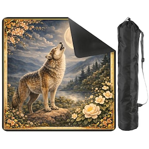 Moon Wolf Mahjongmatta med bärväska - Skogsdjur Skogsanda Halkfri Mah Jong-platta Tillbehör för lekmatta