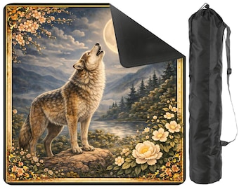 Moon Wolf Mahjong Mat with Carry Bag - Woodland Animal Forest Spirit Non Slip Mah Jong TilePlay Mat Accessories
