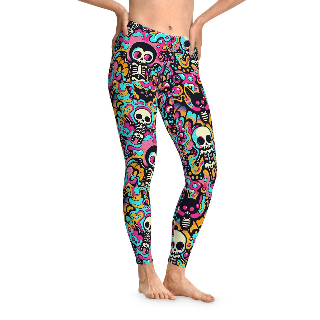 Skelaton Rave Rave Skeleton Leggings: Psychedelic Skull Print, Pastel Acid Rainbow - Etsy