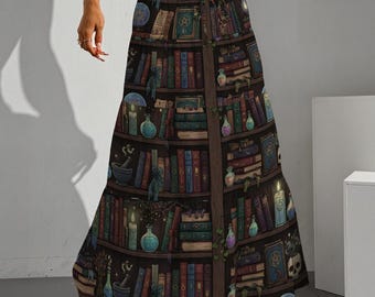 Saia Maxi Dark Academia, Saia com Estante de Livros de Bruxa, Saia Gótica de Biblioteca, Roupa para Amantes de Livros de Fantasia, Saia de Mago Cottagecore