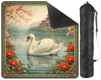 Swan Mahjong Mat with Carry Bag - Elegant Spring Cherry Blossom Non Slip Mah Jong TilePlay Mat Accessories