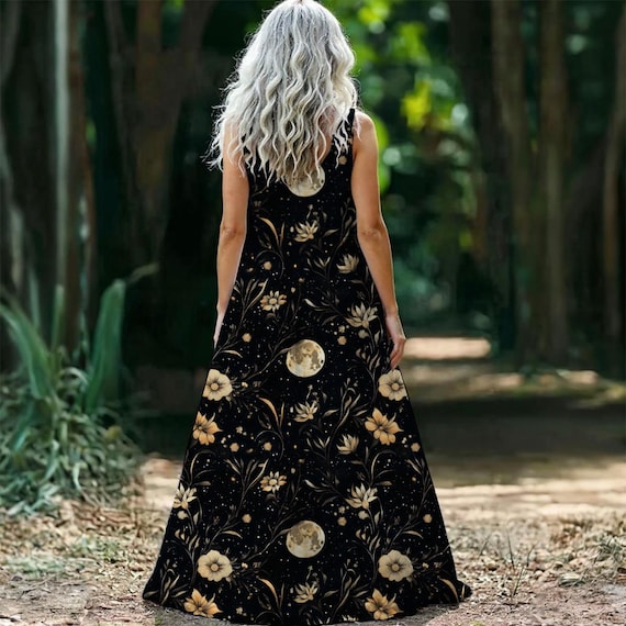 Celestial Full Moon Maxi Dress: Floral Witchy Sleeveless Dress - Etsy