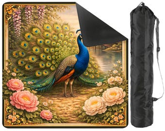 Royal Peacock Mahjong Mat with Carry Bag - Asian Garden Non Slip Mah Jong TilePlay Mat Accessories