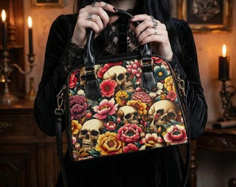Peonies Skulls Handbag - Witchy Gothic Purse - Dark Romantic Shoulder Bag - Dark Academia Fashion