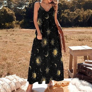 Celestial Sun Moon Maxi Dress Starry Sky Spaghetti Strap Dress Witchy Boho Dress Cosmic Festival Outfit Witchcore Clothing Whimsigoth