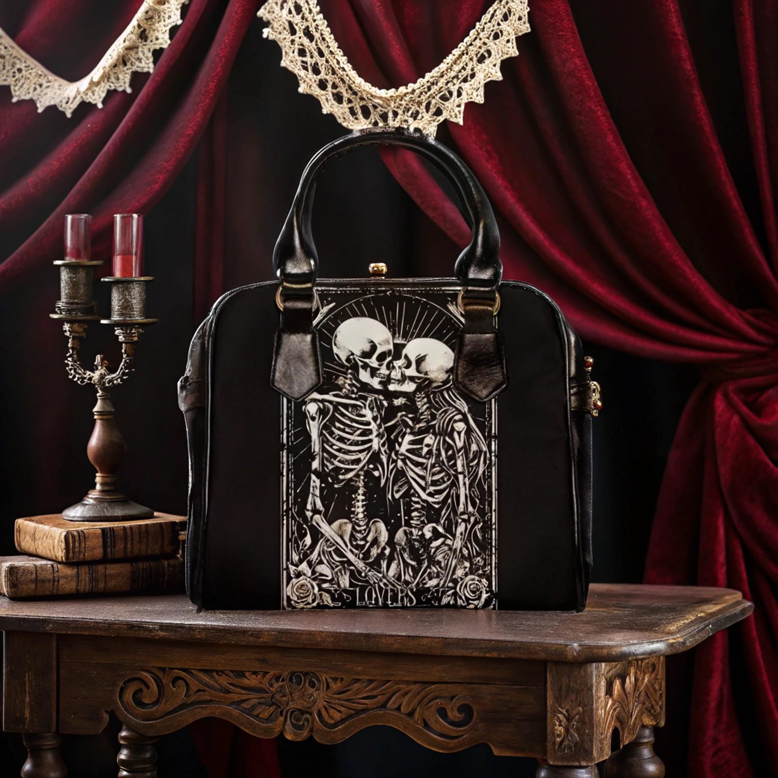 Skeleton Couple Handbag: Gothic Tarot Lovers Card PU Leather Bag