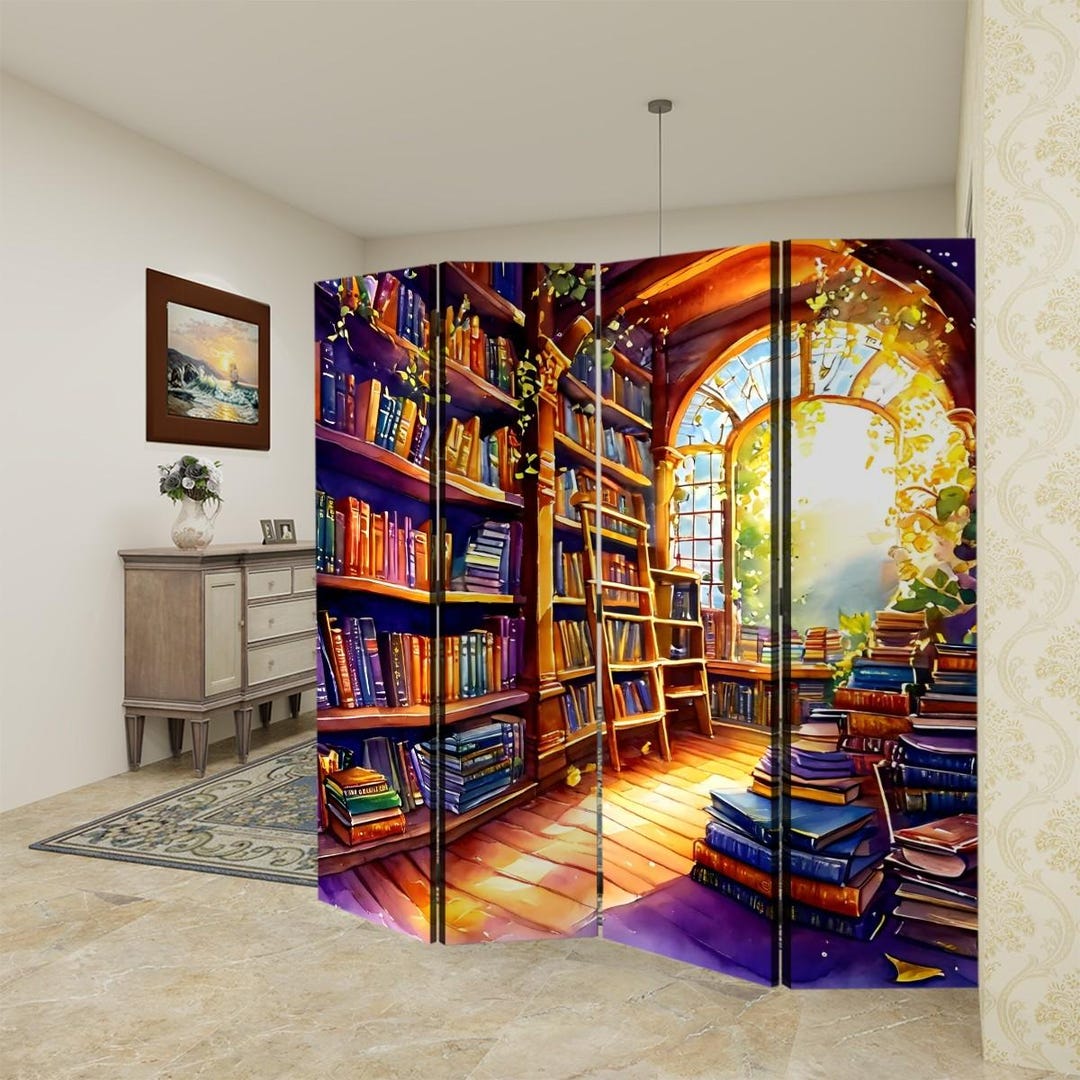 Library Bookshelf Room Divider: Double-sided Canvas Print, 4 Panel - Etsy